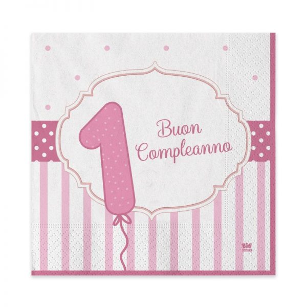 20pz Tovaglioli Buon Primo Compleanno Rosa 33x33cm