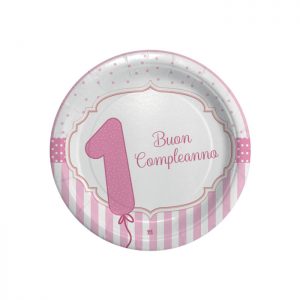 Confezione 8 piatti in carta Buon Primo Compleanno Rosa 24cm
