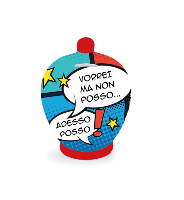 Salvadanaio in terracotta smaltata 15x18cm "Vorrei ma non posso Adesso posso"