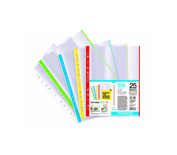 Seven Mitama Buste Trasparenti con fori A4 25pz Ultra Spessore Extra Lucida Doppie Bande Colorate