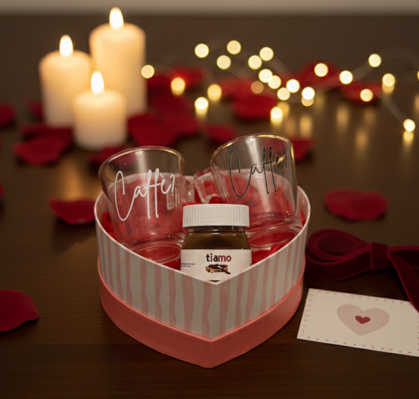 Confezione regalo 2 Tazzine caffè di vetro e Nutella 25gr con scritta personalizzata